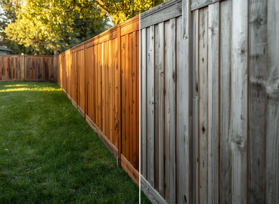Wood fence half stained, showing before and after