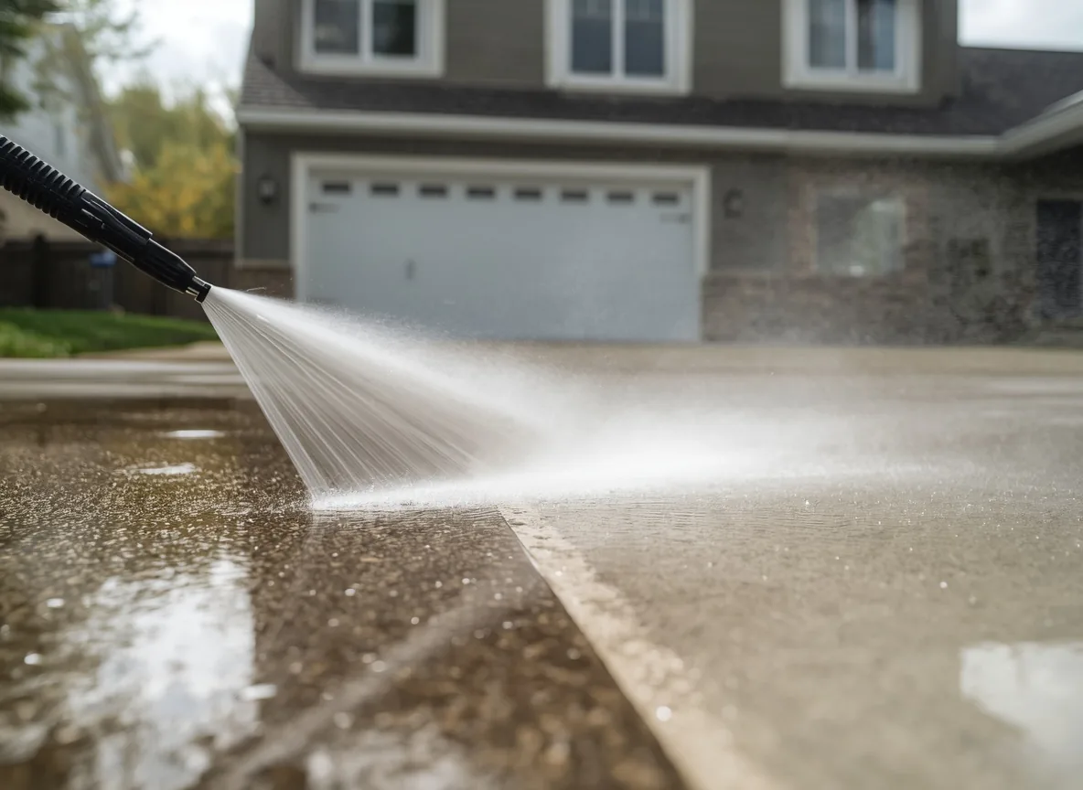 Pressure washing a residential driveway